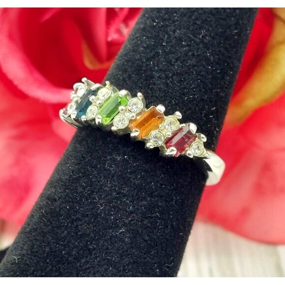 Cute Silver Tone Clear & Colorful Crystal Fashion Ring Size 7 - Picture 7 of 9